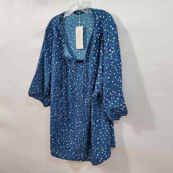 Bloomchic Blouse Women's 3X Blue 3/4 Sleeve White Polka Dot Tie Neck Plus NWT - Picture 4 of 8